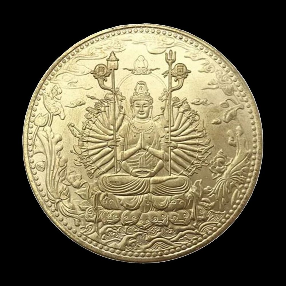 Buddha Avalokiteshvara-Guanyin 1000 Hand Bodhisattva Gold Alloy Coin-Heart-Sutra